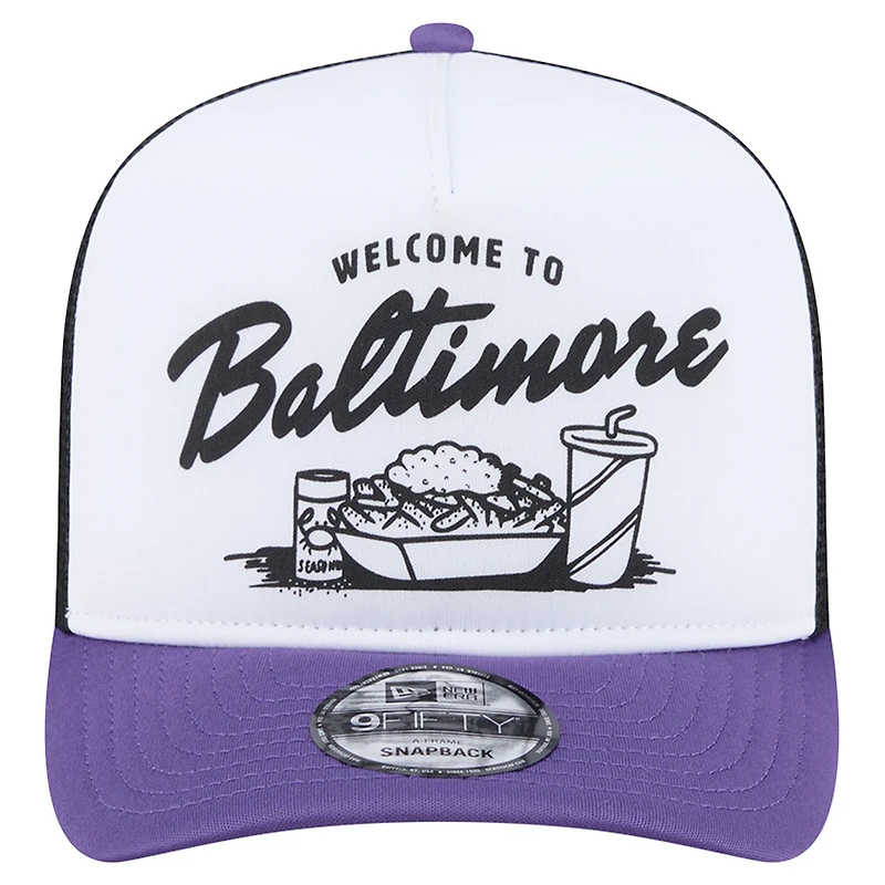 Men's New Era White/Purple Baltimore Ravens Foodie 9FIFTY A-Frame Trucker Snapback Hat