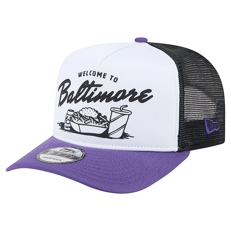 Men's New Era White/Purple Baltimore Ravens Foodie 9FIFTY A-Frame Trucker Snapback Hat