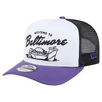 Men's New Era White/Purple Baltimore Ravens Foodie 9FIFTY A-Frame Trucker Snapback Hat