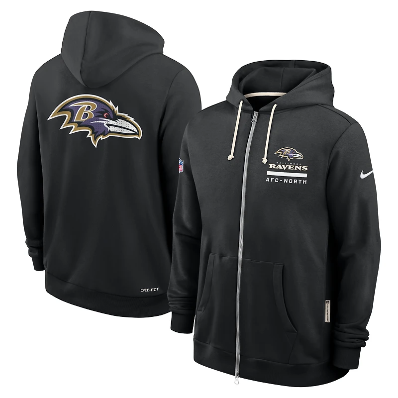 Sweat à capuche Nike noir Baltimore Ravens 2025 Sideline Utility Player Dri-FIT pour homme avec fermeture éclair intégrale