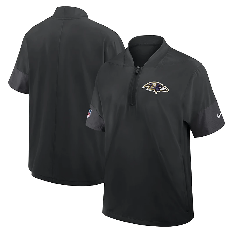 Veste d'entraîneur Nike Baltimore Ravens Sideline noire pour homme, manches courtes, fermeture éclair au quart, technologie Dri-FIT