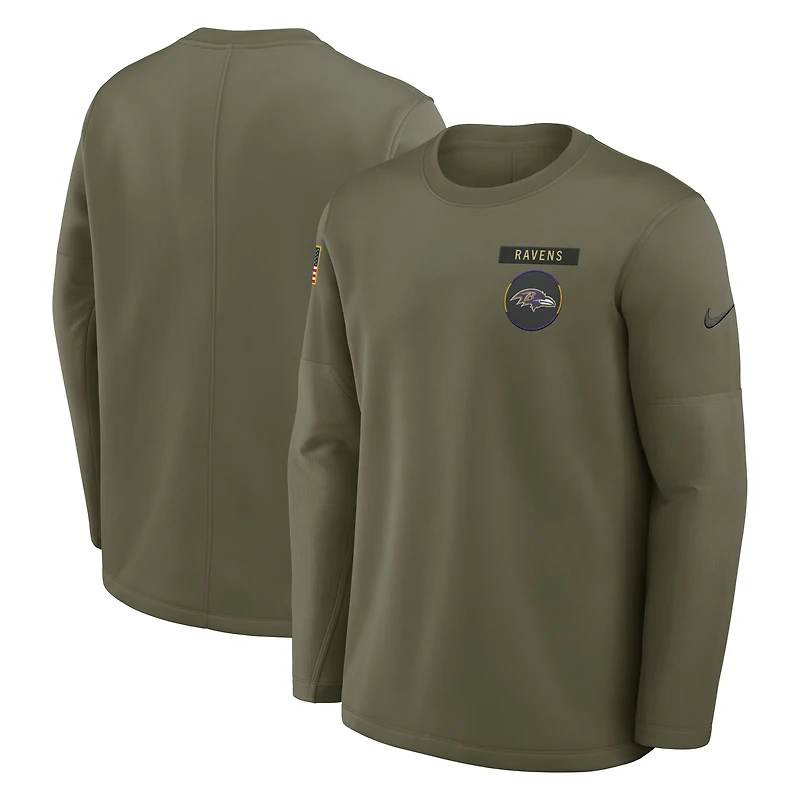 Maillot Nike Olive Baltimore Ravens 2025 Salute to Service Sideline Coaches Therma-FIT à manches longues pour homme