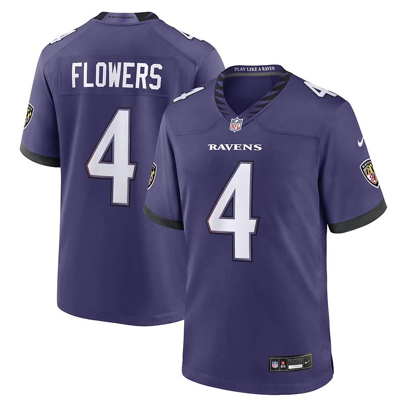 Maillot de match Nike Zay Flowers violet pour homme, équipe des Ravens Baltimore