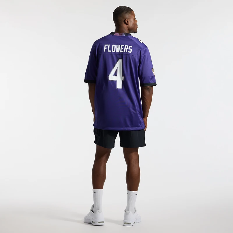 Maillot de match Nike Zay Flowers violet pour homme, équipe des Ravens Baltimore