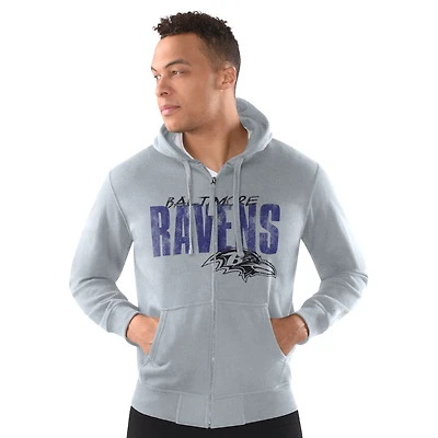 Sweat à capuche zippé classique vieilli gris chiné pour homme des Baltimore Ravens