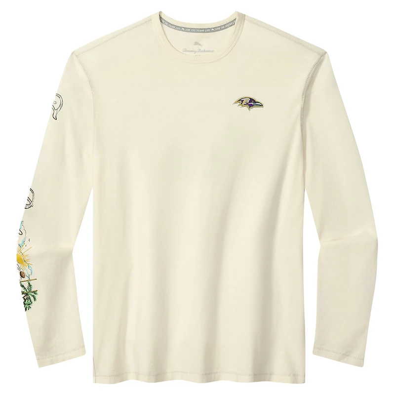 T-shirt à manches longues Tommy Bahama crème Baltimore Ravens Oasis Endzone Lux pour homme