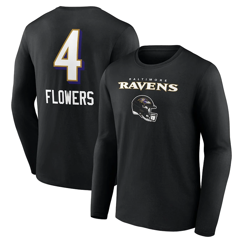 T-shirt à manches longues Zay Flowers pour homme, noir, avec nom et numéro de l'équipe des Baltimore Ravens