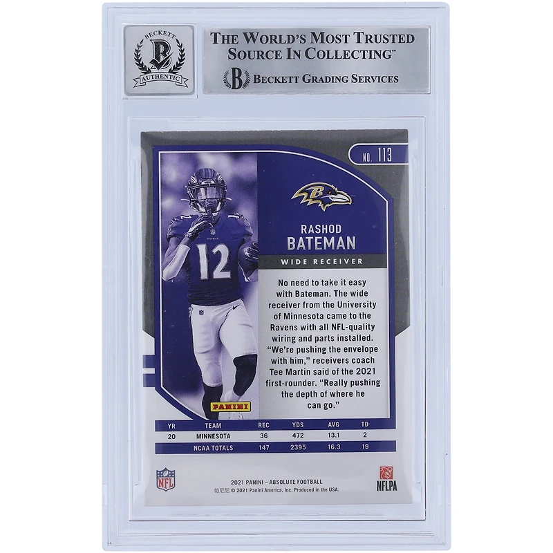Panini America Rashod Bateman Baltimore Ravens Autographed 2021 Panini Absolute #113 Beckett Fanatics Witnessed Authenticated 10 Rookie Card