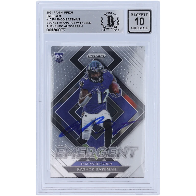 Panini America Rashod Bateman Baltimore Ravens Carte de recrue autographiée 2021 Panini Prizm Emergent #E-10 Beckett Fanatics Witnessed Authenticated 10 Rookie