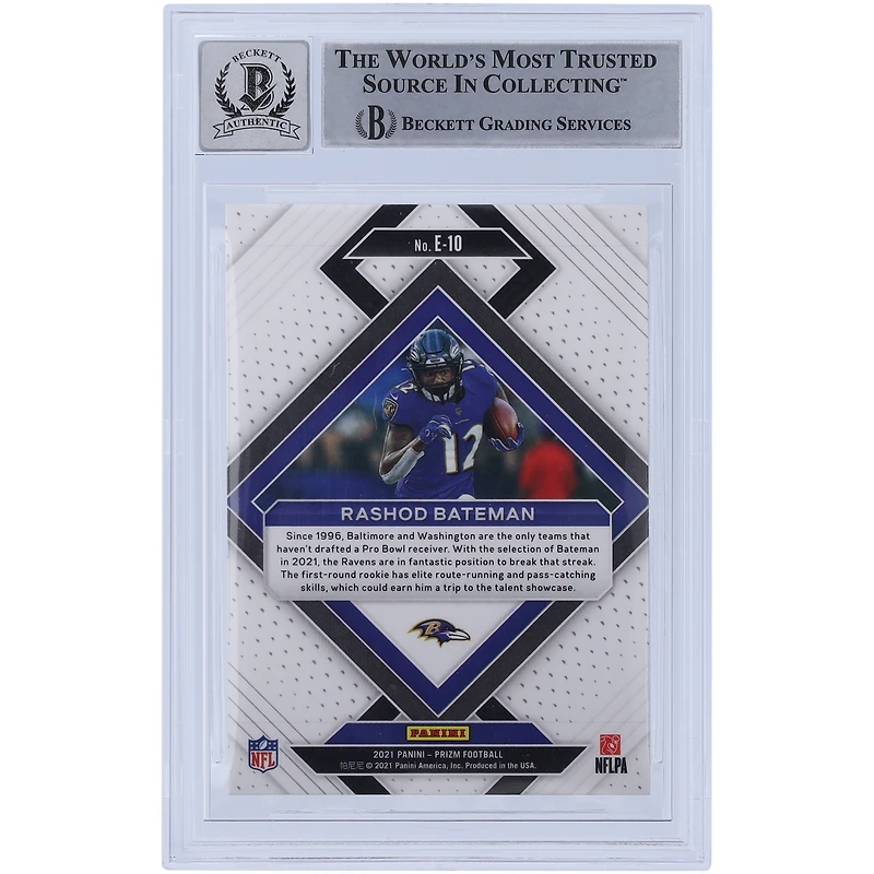 Panini America Rashod Bateman Baltimore Ravens Carte de recrue autographiée 2021 Panini Prizm Emergent #E-10 Beckett Fanatics Witnessed Authenticated 10 Rookie
