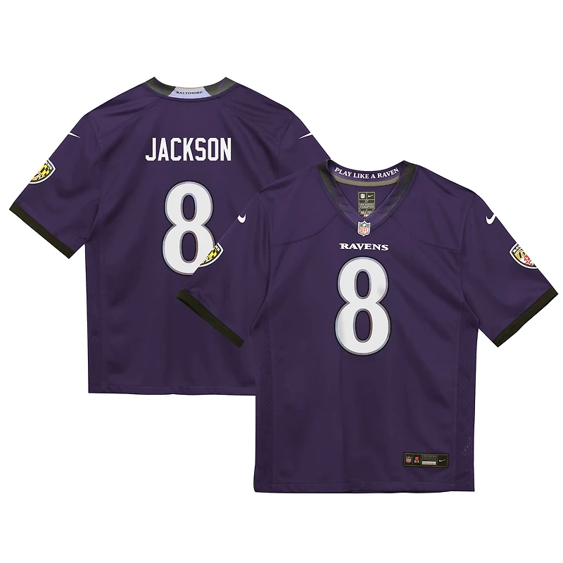 Maillot de match Nike Lamar Jackson violet des Ravens Baltimore pour enfants d'âge préscolaire
