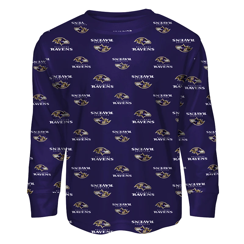 Ensemble de pyjama pour enfant Outerstuff violet à imprimé intégral des Baltimore Ravens, t-shirt manches longues et pantalon