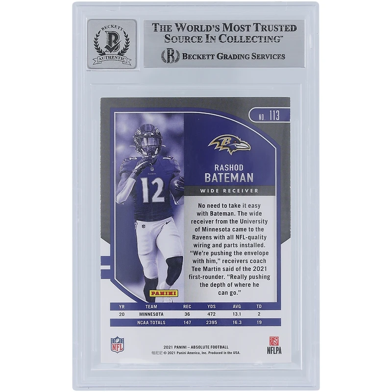 Carte de recrue autographiée 2021 Panini Absolute Green n° 113 Beckett par Rashod Bateman des Baltimore Ravens, authentifiée et témoin des fanatiques