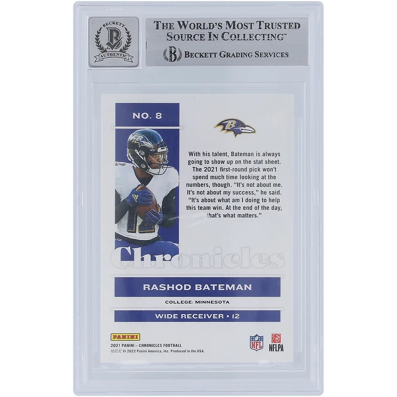 Carte de recrue autographiée 2021 Panini Chronicles n° 8 Beckett par Rashod Bateman des Baltimore Ravens, carte de recrue authentifiée 10 par les fanatiques de Beckett