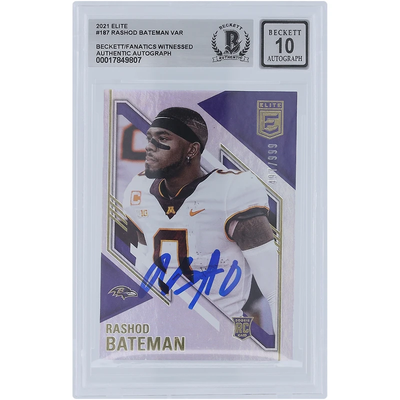 Rashod Bateman Baltimore Ravens Autographié 2021 Panini Donruss Elite #187 #/999 Beckett Fanatics Witnessed Authenticated 10 Rookie Card