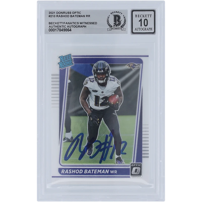 Carte de recrue Panini Donruss Optic n° 210 signée par Rashod Bateman des Baltimore Ravens 2021, signée Beckett Fanatics, numéro 10.