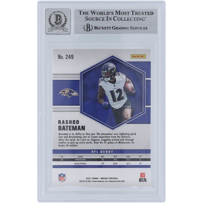 Rashod Bateman Baltimore Ravens autographié 2021 Panini Mosaic NFL Debut #249 Beckett Fanatics a été témoin d'une carte recrue authentifiée 10