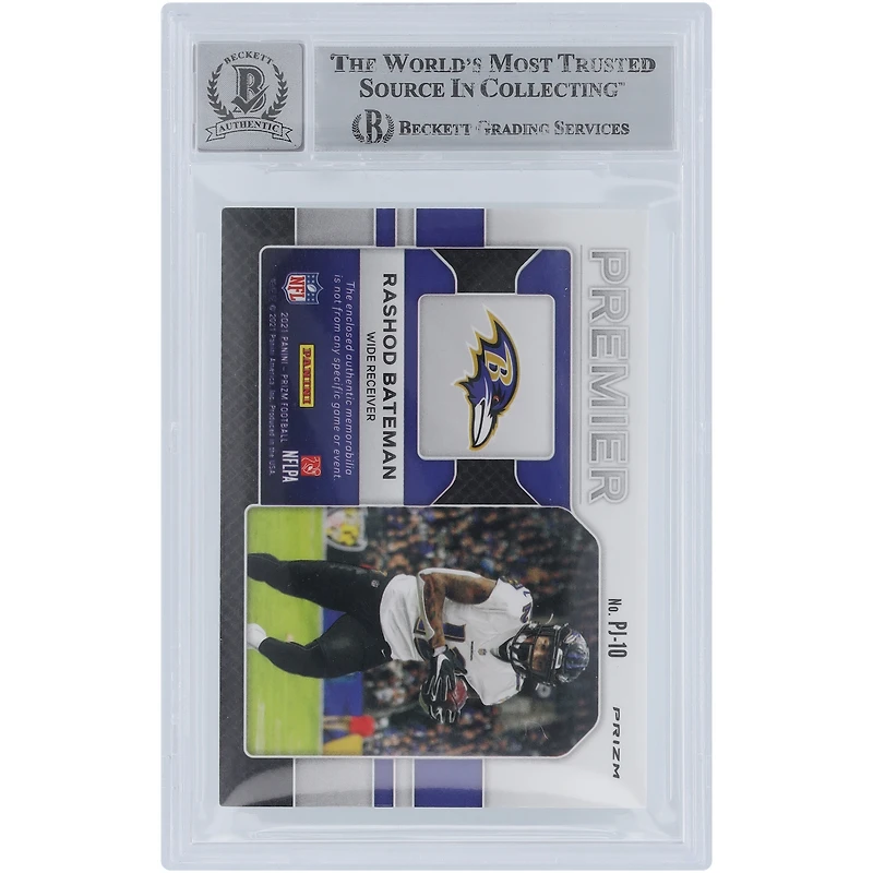 Carte Panini Prizm Neon Pulsar Premier Relic #PJ-10 2021 autographiée par Rashod Bateman des Baltimore Ravens, carte Beckett Fanatics, authentifiée et témoin de l'incident.