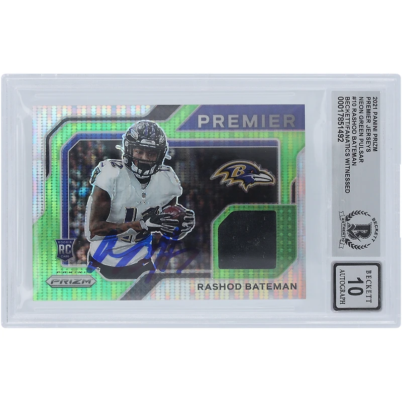 Carte Panini Prizm Neon Pulsar Premier Relic #PJ-10 2021 autographiée par Rashod Bateman des Baltimore Ravens, carte Beckett Fanatics, authentifiée et témoin de l'incident.