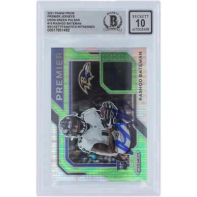 Carte Panini Prizm Neon Pulsar Premier Relic #PJ-10 2021 autographiée par Rashod Bateman des Baltimore Ravens, carte Beckett Fanatics, authentifiée et témoin de l'incident.