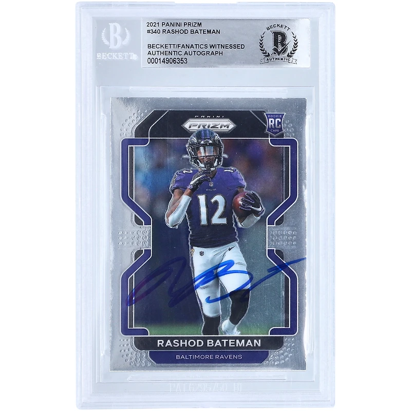 Carte de recrue authentifiée signée Rashod Bateman Baltimore Ravens Panini Prizm #340 2021 Beckett Fanatics