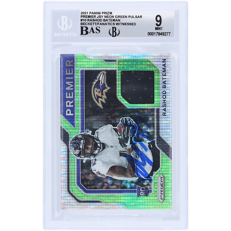 Rashod Bateman Baltimore Ravens Autographed 2021 Panini Prizm Premier Neon Green Pulsar Jersey Relic #PJ-10 Beckett Fanatics Witnessed Authenticated 9/10 Rookie Card