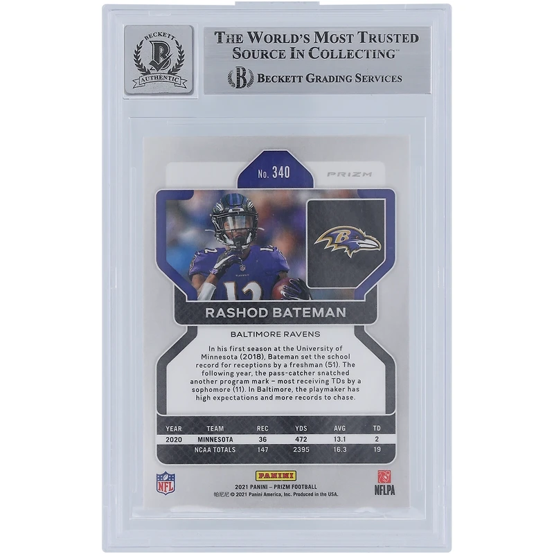 Carte de recrue autographiée 2021 Panini Prizm rouge, blanc et bleu Prizm n° 340 de Rashod Bateman des Baltimore Ravens, présentée par les fans de Beckett et authentifiée 10.