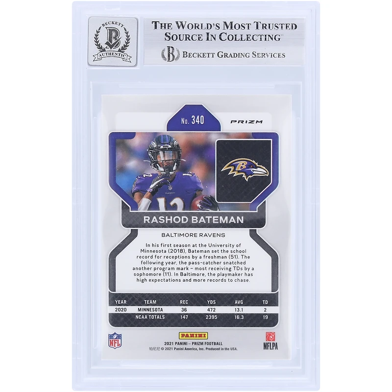 Carte de recrue 10 authentifiée signée par Rashod Bateman des Baltimore Ravens, Panini Prizm Silver n° 340 2021, Beckett Fanatics