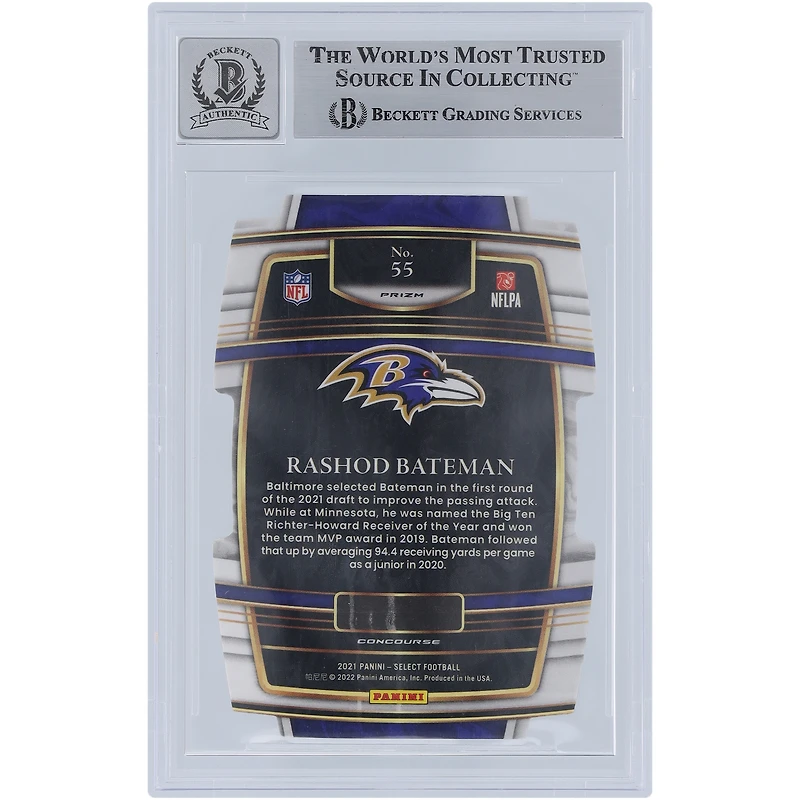 Carte de recrue autographiée 2021 Panini Select noire et or découpée Prizm n° 55 Beckett Fanatics, signée Rashod Bateman des Baltimore Ravens, numéro 10.