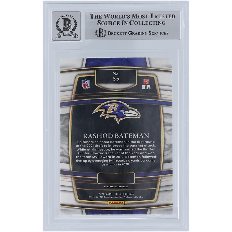 Carte de recrue authentifiée 2021 Panini Select n° 55 signée Rashod Bateman des Baltimore Ravens, Beckett Fanatics