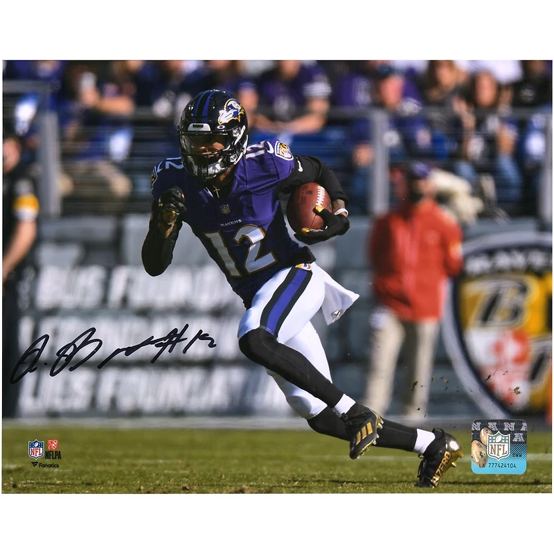 Photographie autographiée de Rashod Bateman, maillot violet des Baltimore Ravens, 8" x 10"