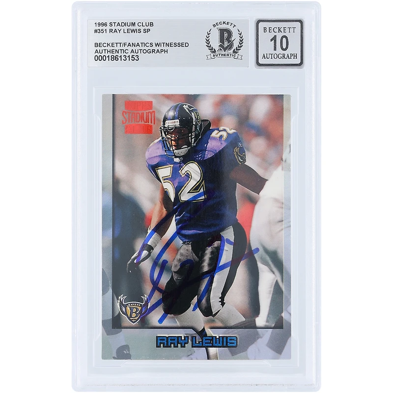 Carte de recrue de Ray Lewis (Baltimore Ravens) autographiée par Beckett (Topps Stadium Club, n° 351, 1996), certifiée par Fanatics Witnessed.