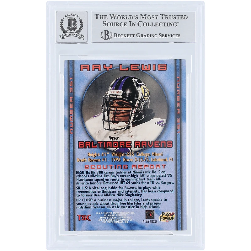 Ray Lewis Baltimore Ravens Autographed 1996 Topps Stadium Club #351 Beckett Fanatics Witnessed Authenticated 10 Rookie Card