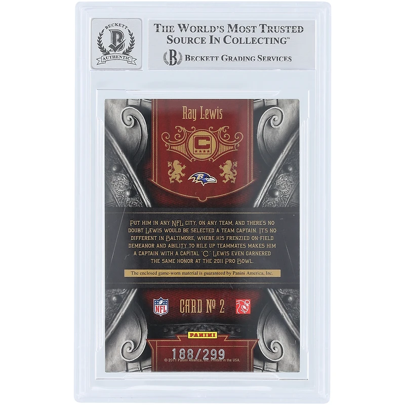 Carte Panini Crown Royale 2011 « Calling All Captains Materials » autographiée par Ray Lewis (Baltimore Ravens), relique de maillot n° 2/299, authentifiée par Beckett Fanatics Witnessed.