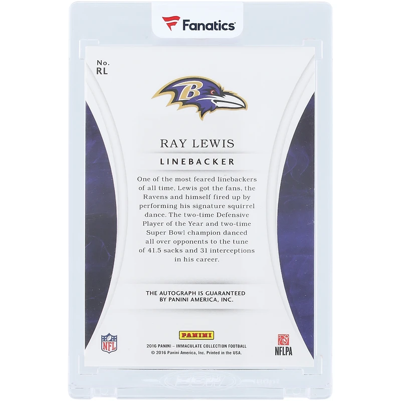 Ray Lewis Baltimore Ravens Autographed 2016 Panini Immaculate Collection Signature Moves #RL #9/25 Card