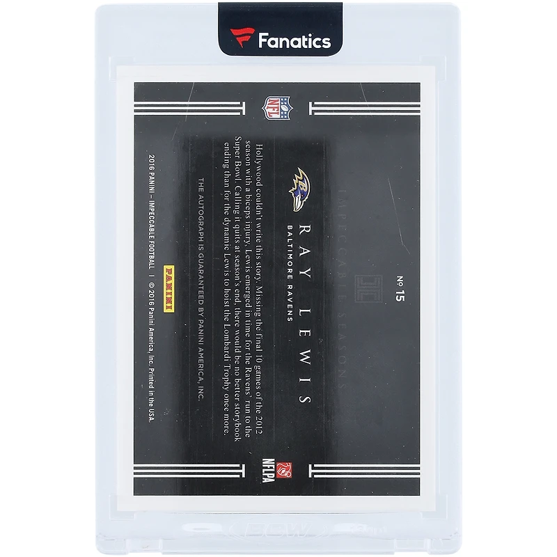 Ray Lewis Baltimore Ravens Autographed 2016 Panini Impeccable Seasons #15 #8/17 Card