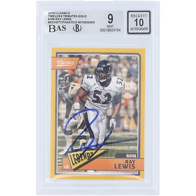 Carte autographiée de Ray Lewis (Baltimore Ravens) - Panini Classic Timeless Tributes Gold 2018 n° 106/99, authentifiée par Beckett Fanatics Witnessed (9/10).