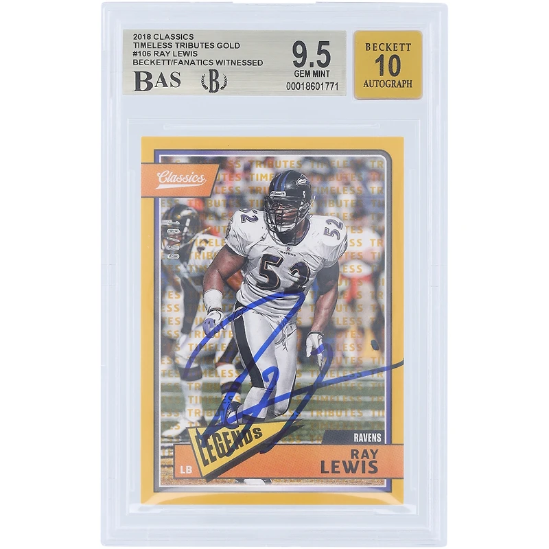 Carte autographiée de Ray Lewis (Ravens de Baltimore) - Panini Classic Timeless Tributes Gold 2018, n° 106/99, authentifiée par Beckett Fanatics Witnessed (note : 9,5/10).