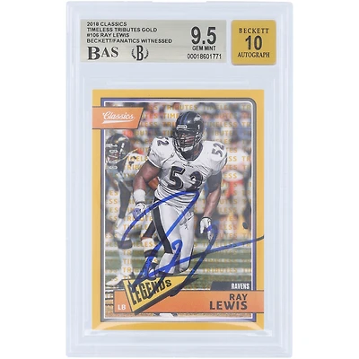 Carte autographiée de Ray Lewis (Ravens de Baltimore) - Panini Classic Timeless Tributes Gold 2018, n° 106/99, authentifiée par Beckett Fanatics Witnessed (note : 9,5/10).