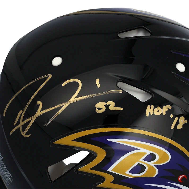 Casque Riddell Speed ​​authentique autographié par Ray Lewis des Baltimore Ravens avec signature dorée et inscription « HOF 18 »