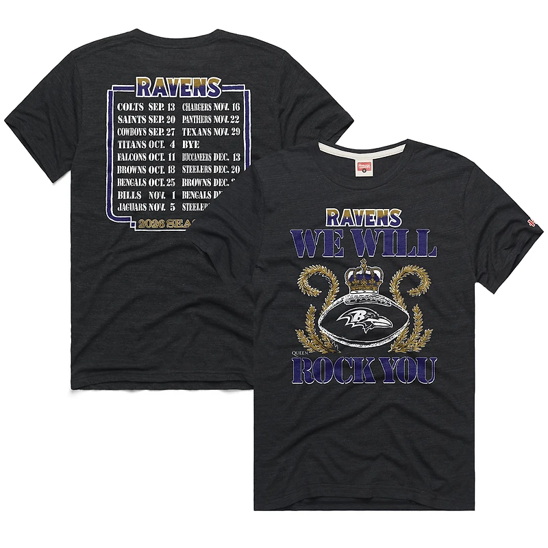 Unisex Homage Charcoal Baltimore Ravens 2026 NFL Schedule Queen Tri-Blend T-Shirt