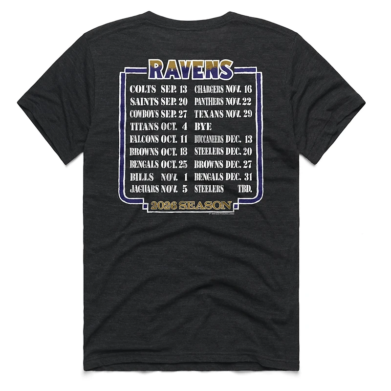 T-shirt unisexe Hommage Charcoal Baltimore Ravens 2026 NFL Calendar Queen Tri-Blend