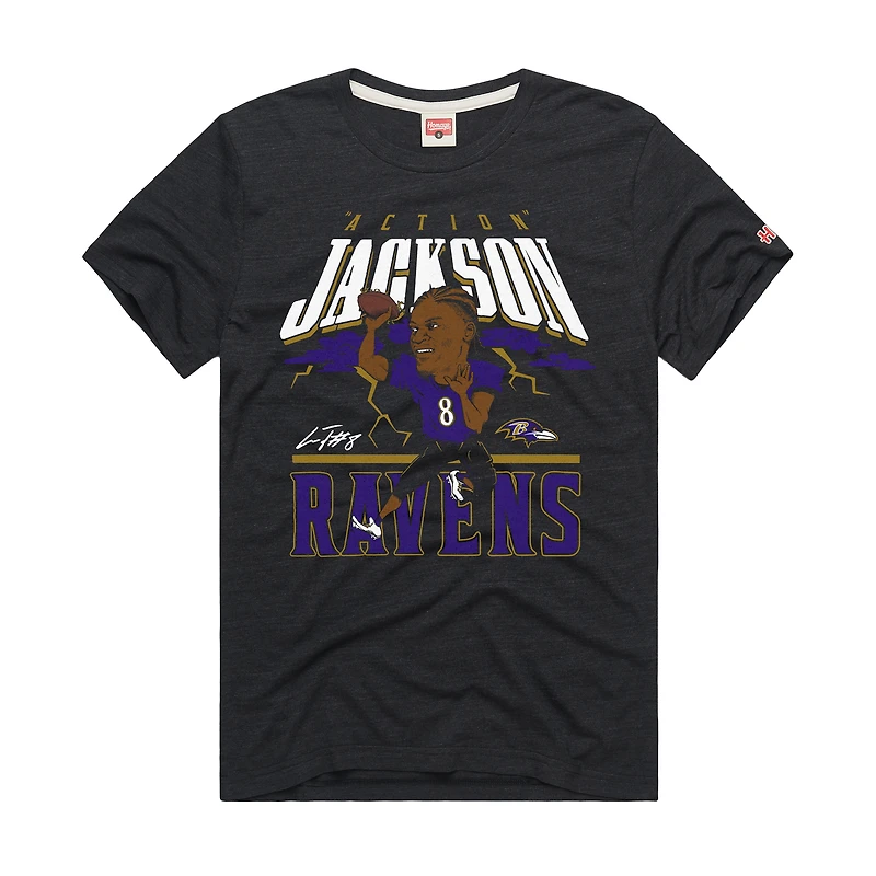 T-shirt unisexe hommage à Lamar Jackson, anthracite, joueur de caricature des Ravens Baltimore, motif tri-blend