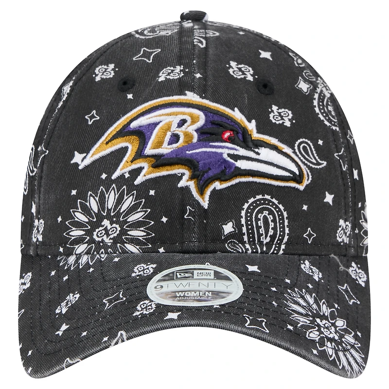 Casquette ajustable 9TWENTY Paisley des Baltimore Ravens de New Era pour femme, noire