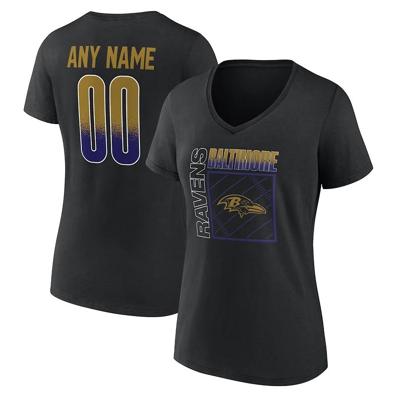 T-shirt noir à col en V pour femme, style domicile des Ravens de Baltimore, avec nom et numéro personnalisés