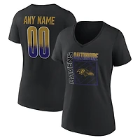 T-shirt noir à col en V pour femme, style domicile des Ravens de Baltimore, avec nom et numéro personnalisés