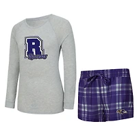 Women's Concepts Sport  Heather Gray/Purple Baltimore Ravens Regulate Plaid Long-Sleeve T-Shirt & Shorts Sleep Set