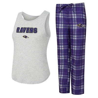 Ensemble de nuit pour femme Concepts Sport gris chiné/violet Baltimore Ravens Regulate Plaid avec débardeur et pantalon