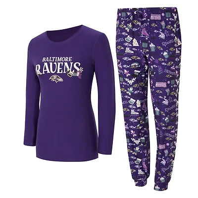 Ensemble de nuit pour femme Concepts Sport Purple Baltimore Ravens Chestnut avec t-shirt à manches longues et pantalon