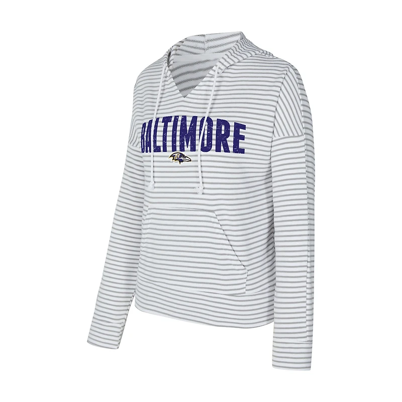 Sweat à capuche rayé col en V Liftoff pour femme Concepts Sport blanc/gris des Baltimore Ravens